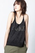 Débardeur Jossy Punk Strass - Débardeur noir asymétrique femme.