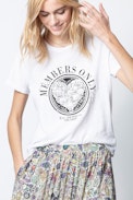 Alys Members Only T-Shirt - Women's white T-shirt with print and rhinestones.