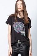 Camiseta Redo Mandala Skull - Camiseta negra para mujer con estampado.