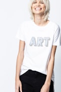 Camiseta Tom Art 3D Strass - Camiseta blanca para mujer con detalles de strass.
