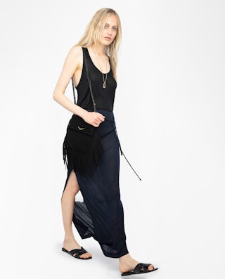 Giada Asymmetric Long Slit Skirt - Long slit skirt with elastic waistband.
