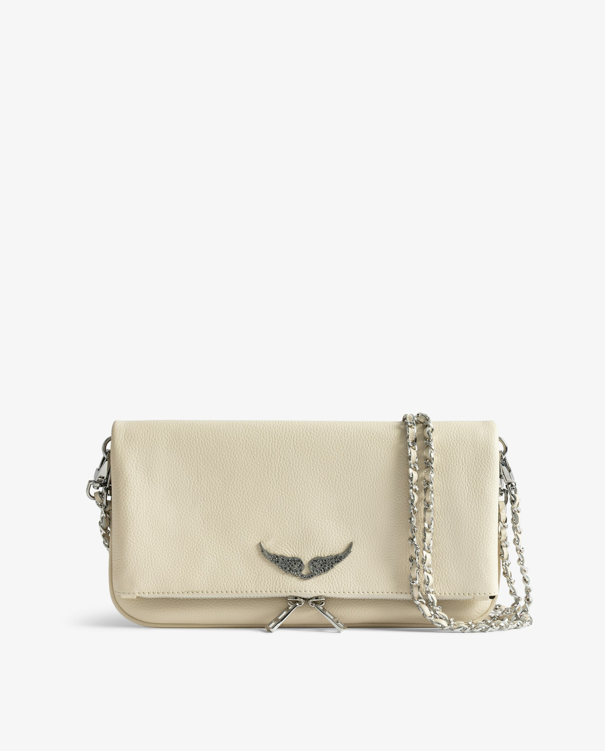 Rock Clutch - Clutch in grained leather with double leather and metal chains and wings adorned with rhinestones.