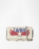 Pochette Rock Nano - Pochette in pelle granata con doppia catena in pelle e metallo e ali decorate con strass.