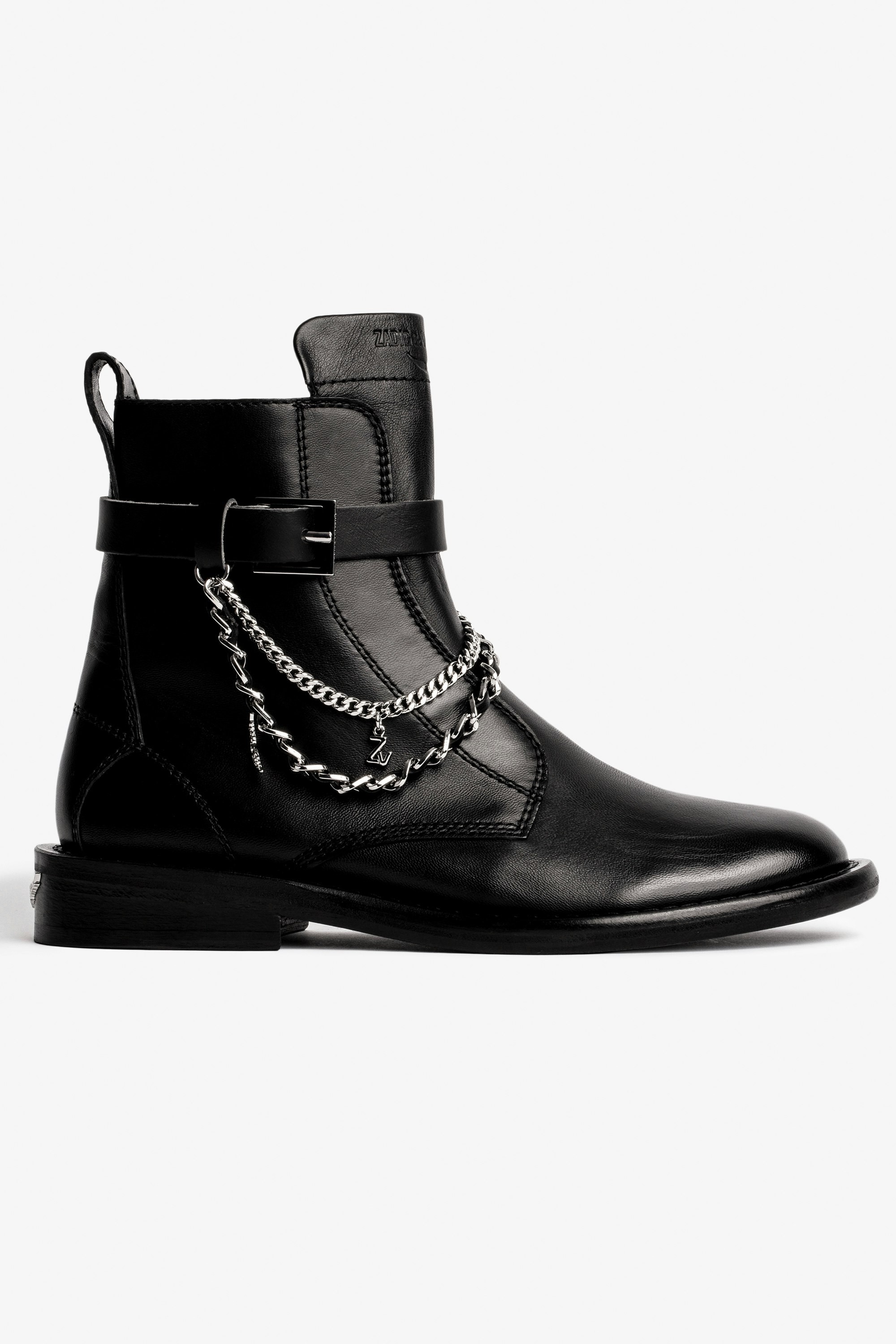 Laureen High Ankle Boots Women’s black leather ankle boots decorated with chains