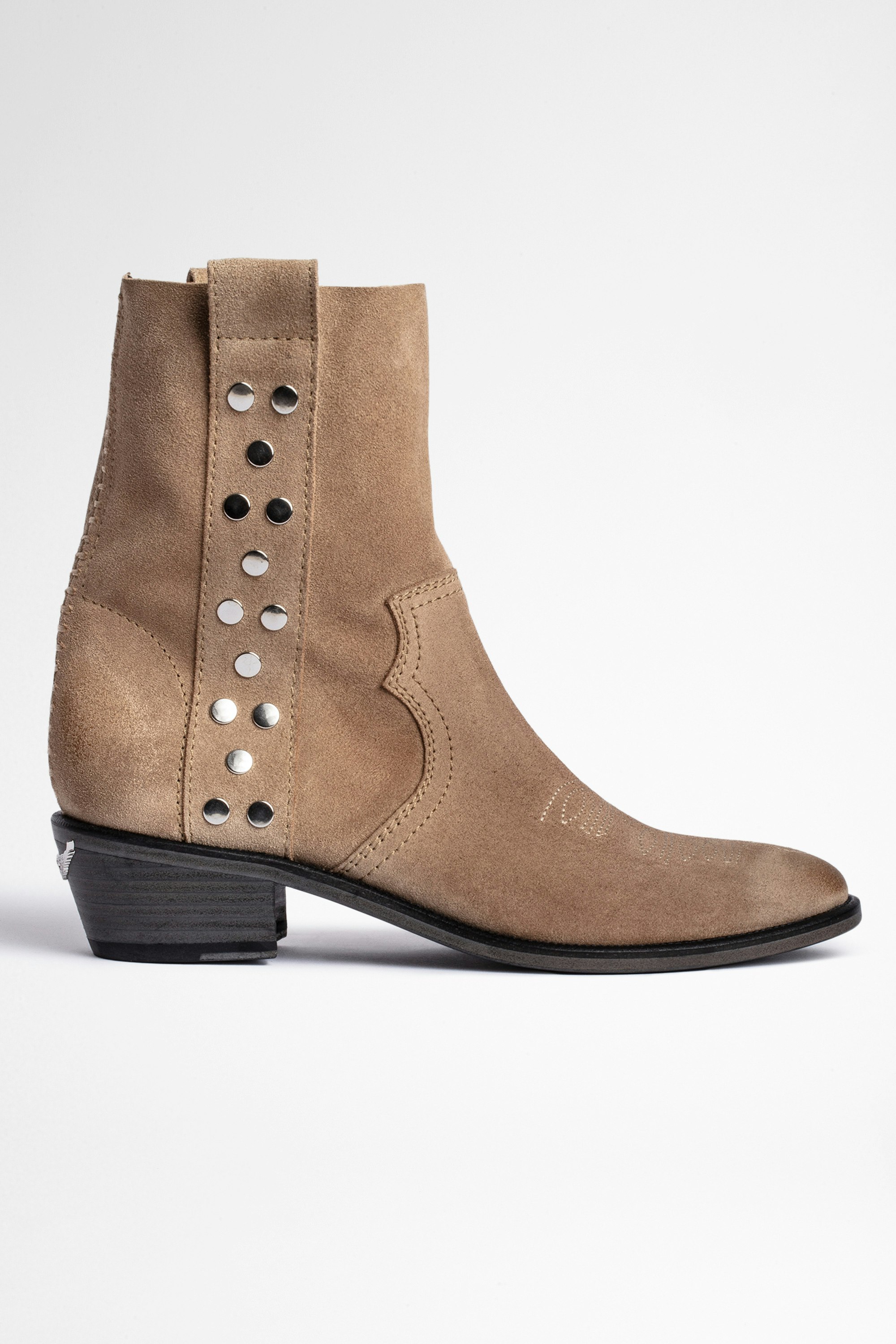 Pilar High Suede Ankle レザーブーツ Women's beige suede boots with silver studs