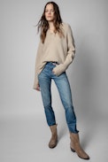 Pilar High Suede Ankle Boots Leather - Women's beige suede boots with silver studs