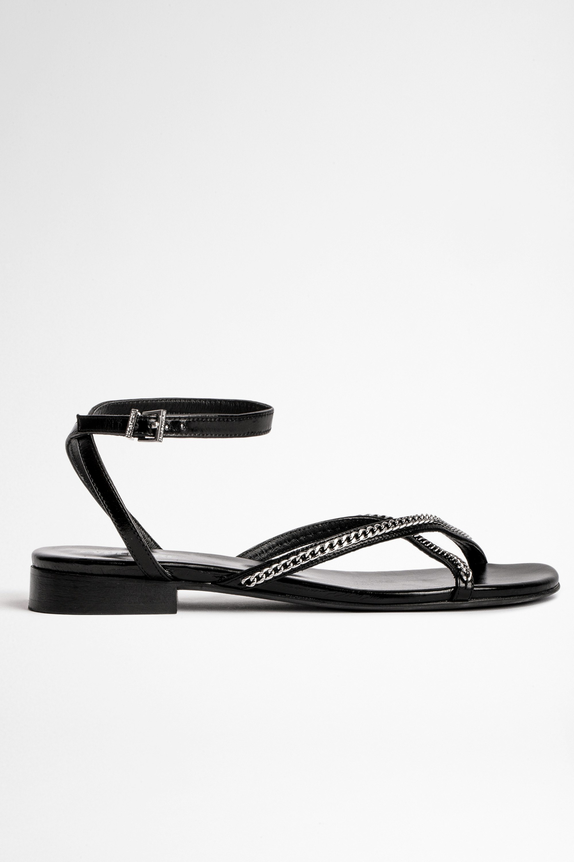 Rockzy Sandals Leather Women's flat sandals in black leather with chain straps