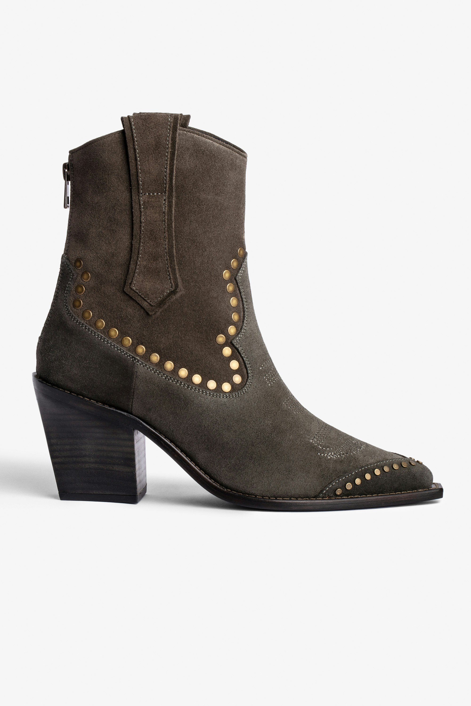 Cara High Boots Leather Women's khaki suede western ankle boots with gold studs. Buying this product, you support a responsible leather production through Leather Working Group.