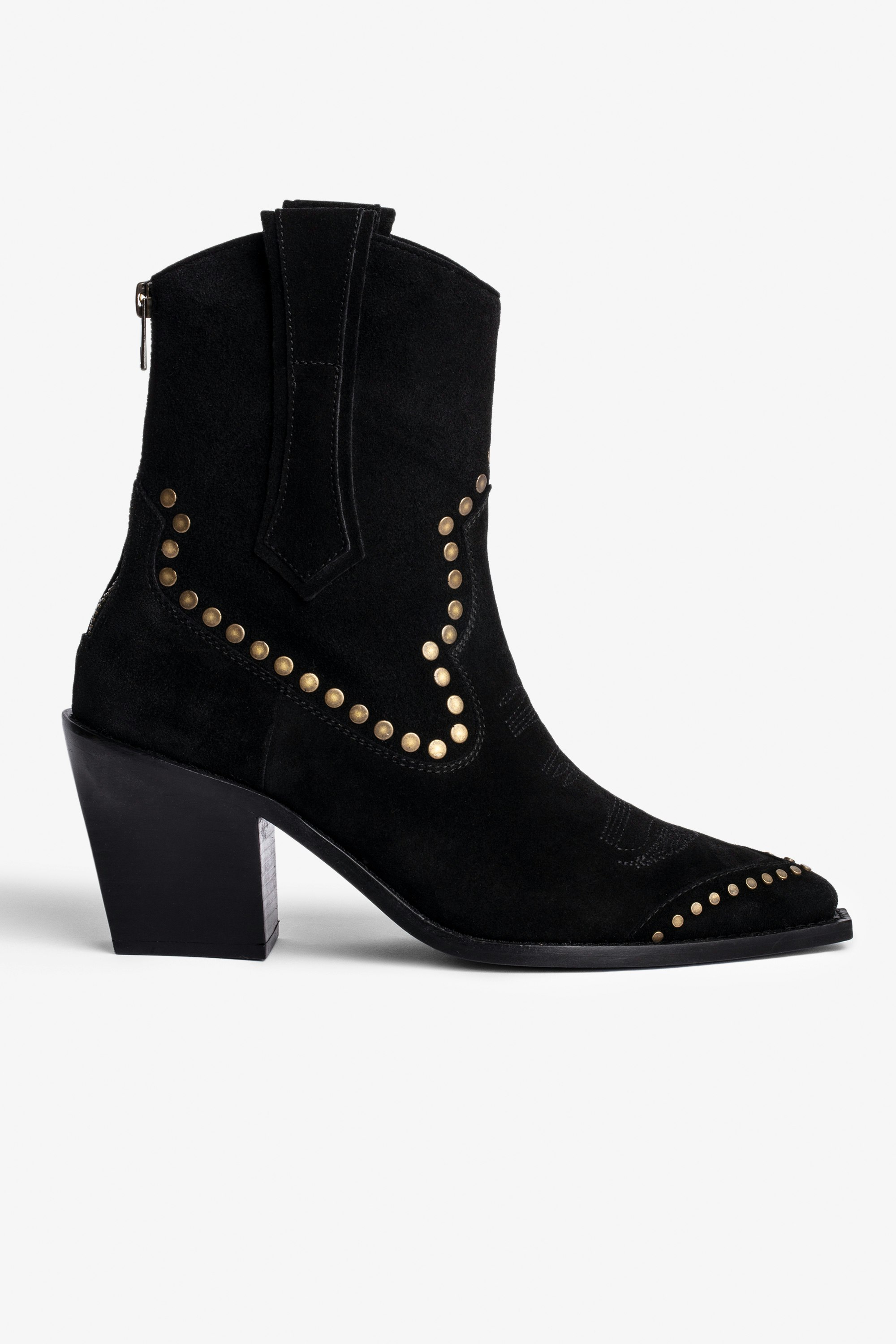 Cara High Boots Leather Women's black suede western ankle boots with gold studs. Buying this product, you support a responsible leather production through Leather Working Group.