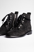 Botines Laureen Leo Cuero - Botines de mujer de ante gris con estampado de leopardo