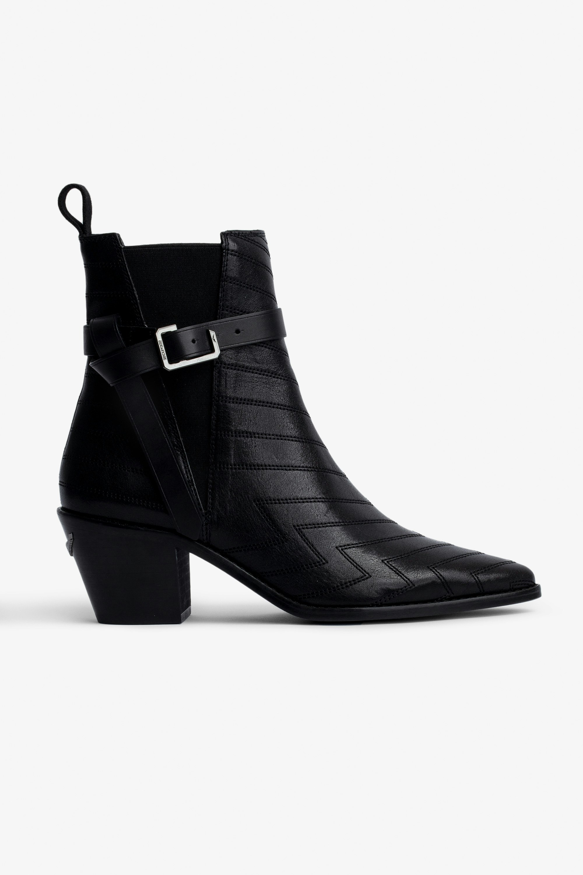 Tyler Ankle Boots Women’s black leather ankle boots with topstitching and adjustable strap