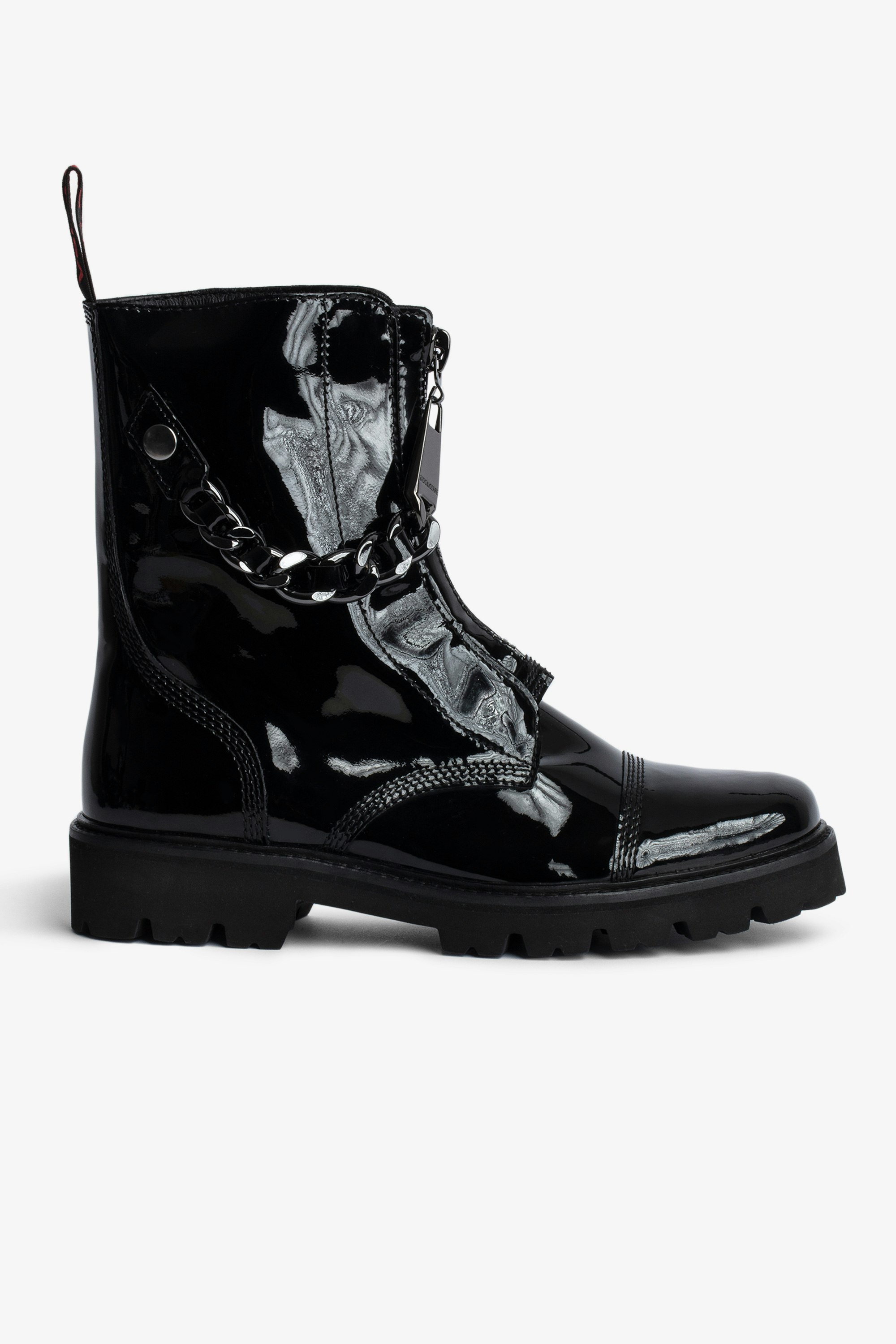 Joe Ankle Boots Women’s black patent leather mid-calf boots with an interwoven metal and leather chain