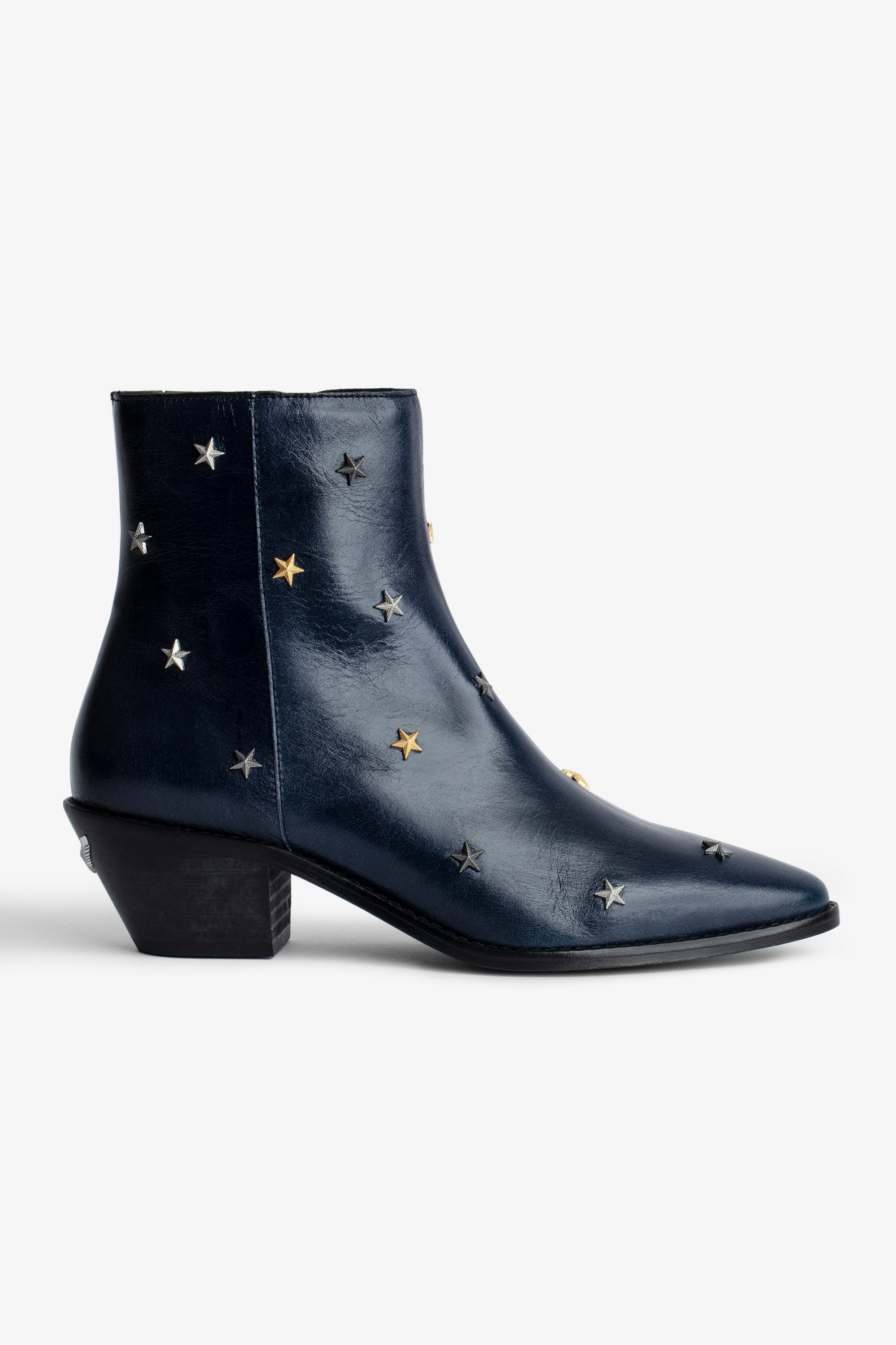 Tyler Vintage Patent Boots - Women’s blue leather ankle boots with star studs.