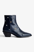 Tyler Vintage Patent Boots - Women’s blue leather ankle boots with star studs.