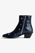 Tyler Vintage Patent Boots - Women’s blue leather ankle boots with star studs.