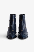 Tyler Vintage Patent Boots - Women’s blue leather ankle boots with star studs.