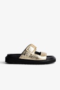 Sandalen Alpha Cecilia - Damensandalen aus goldfarbenem Metallic-Knitterleder mit Riemen und C-Schnalle
