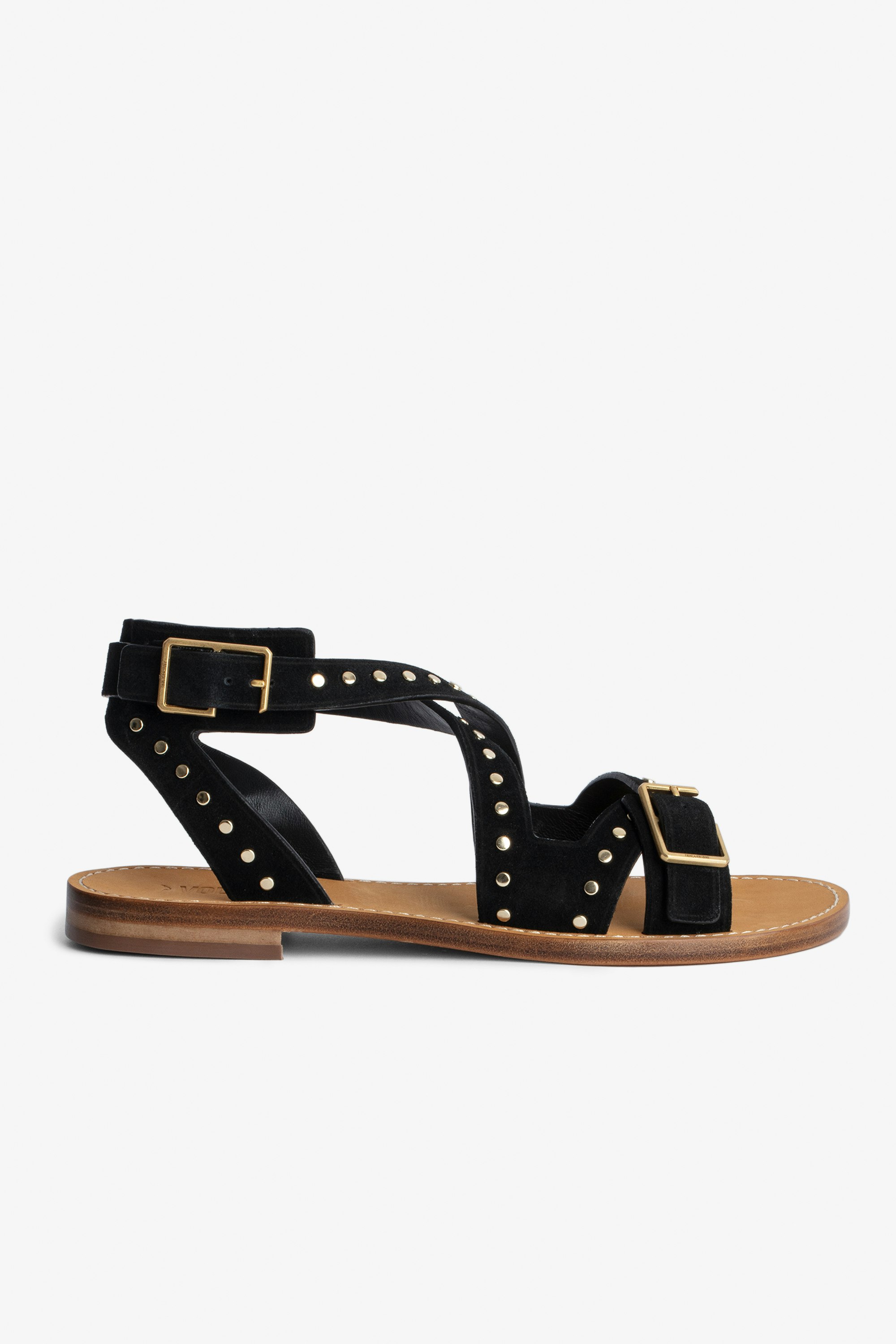 Cecilia Studs Caprese Sandals - Women's black suede sandals with studs, straps and gold C-shaped buckles
