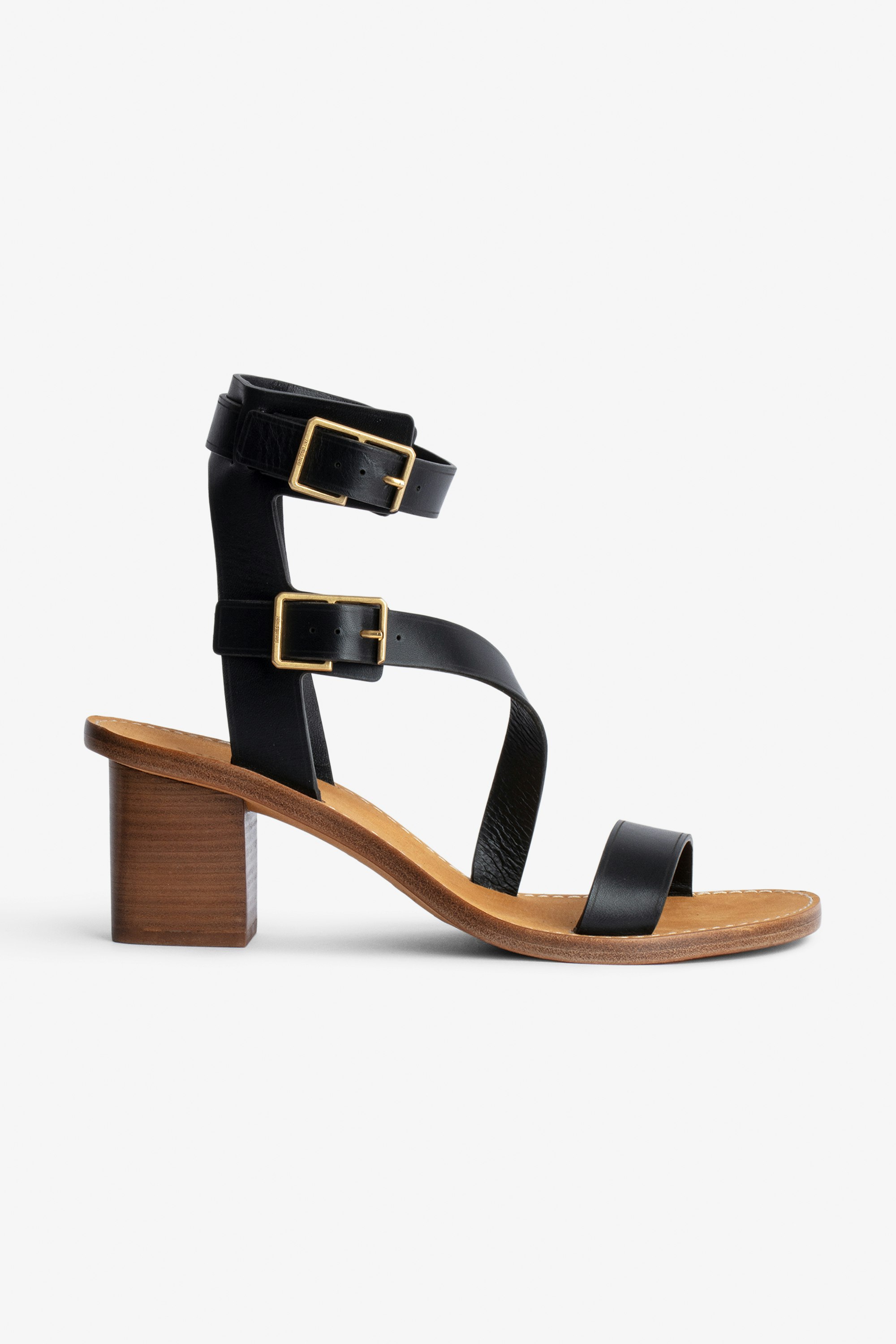 Cecilia Caprese Sandals Women's high-top smooth black leather sandals with straps and C-shaped buckles