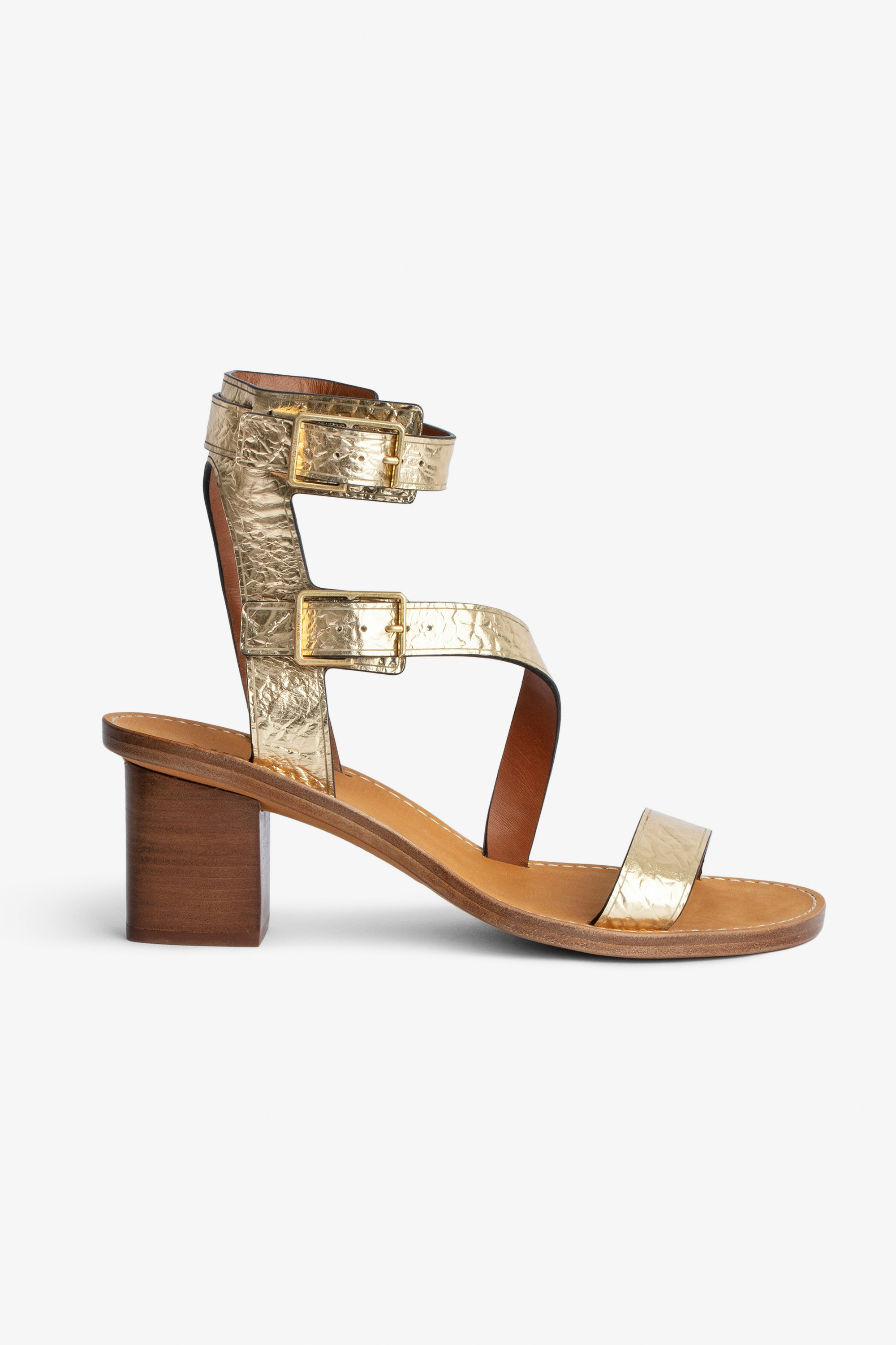 Cecilia Crinkled Caprese Sandals - Women's high-top sandals in metallic, crinkled leather with straps and C-shaped buckles