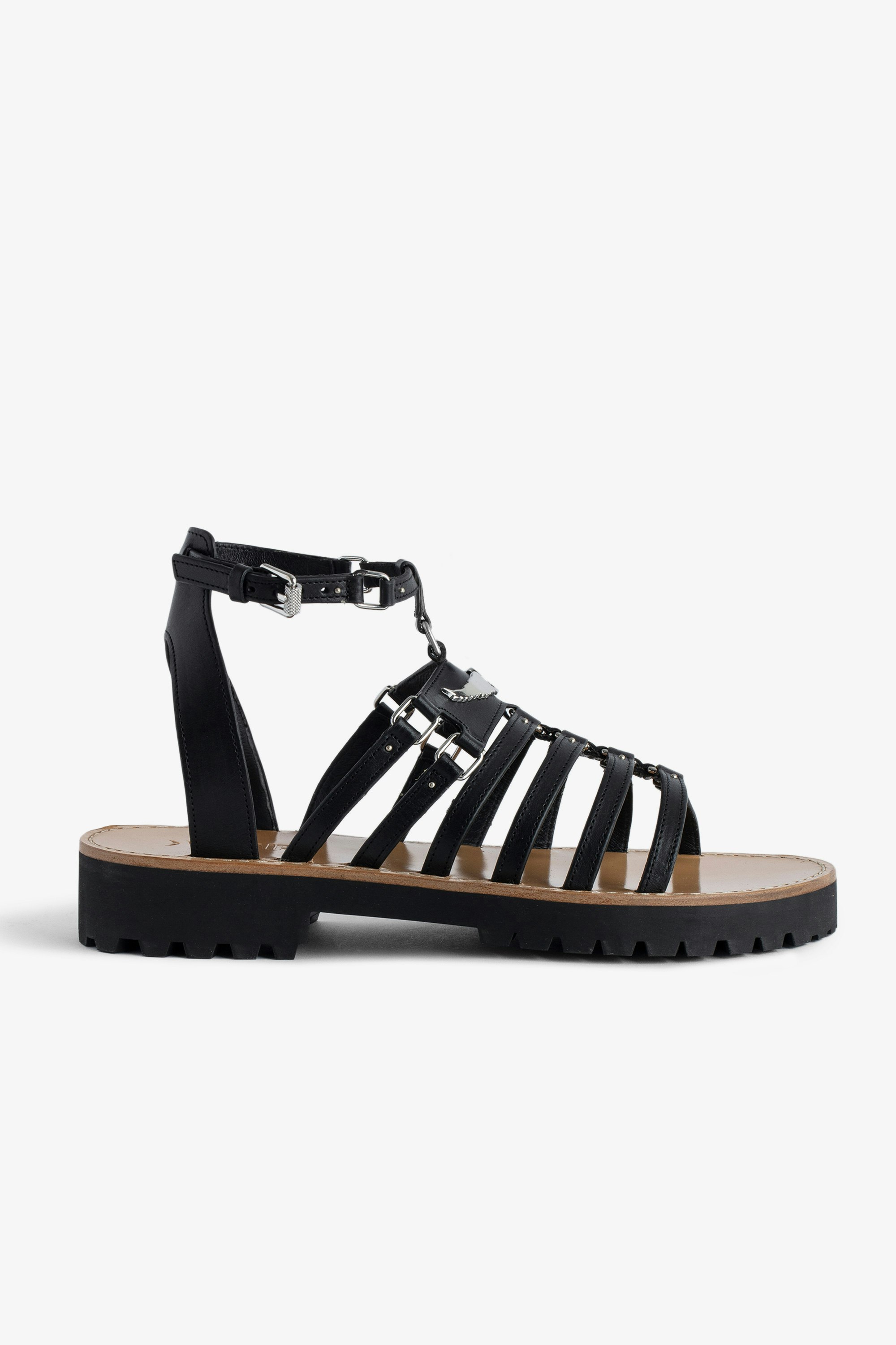 Joe Sandals - Black vegetable-tanned leather sandals with straps, adjustable buckle and wings charm.
