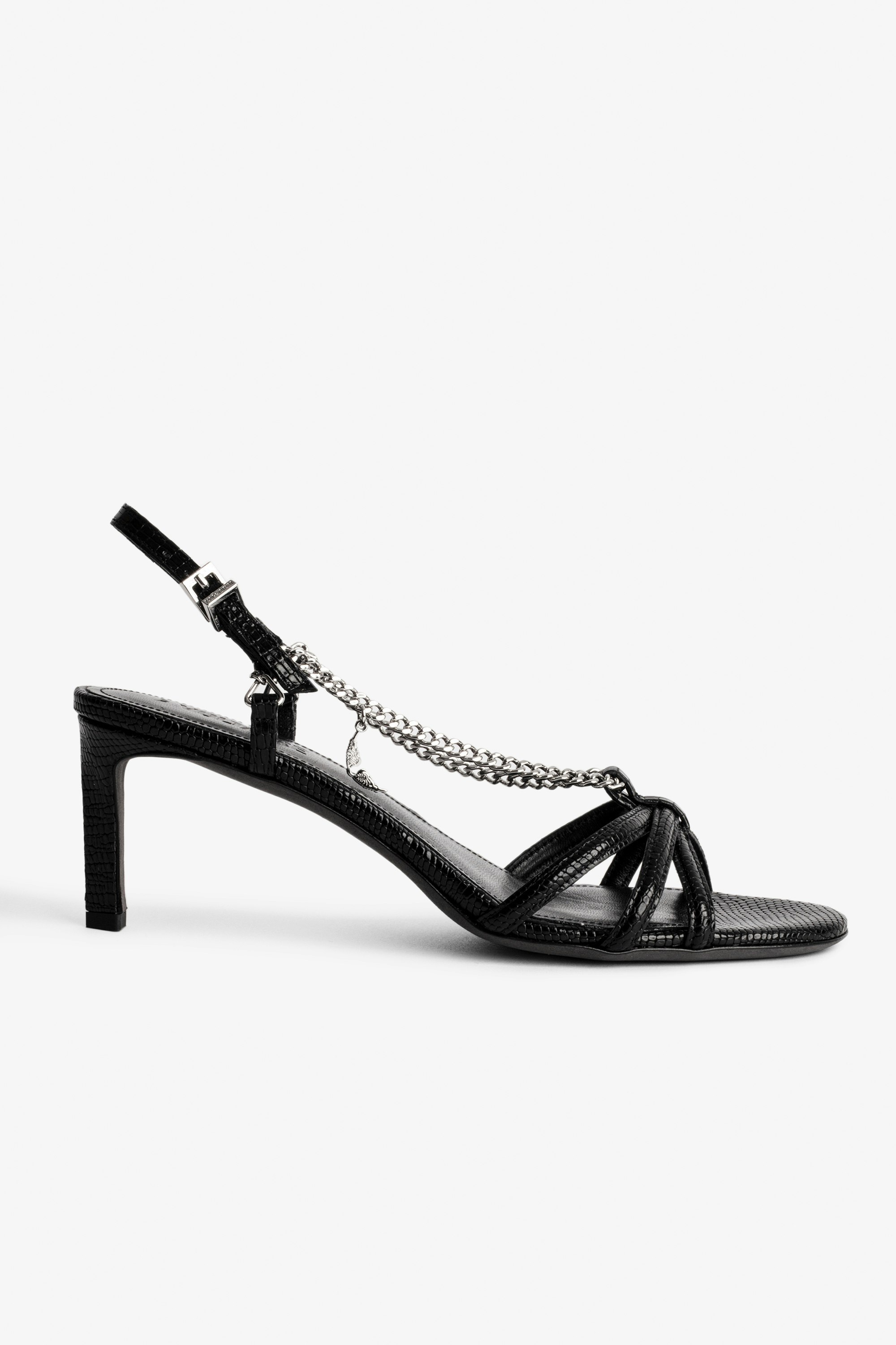 Sleepless Sandals - Women’s black embossed leather sandals with straps and chains.