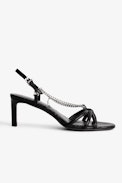 Sleepless Sandals - Women’s black embossed leather sandals with straps and chains.