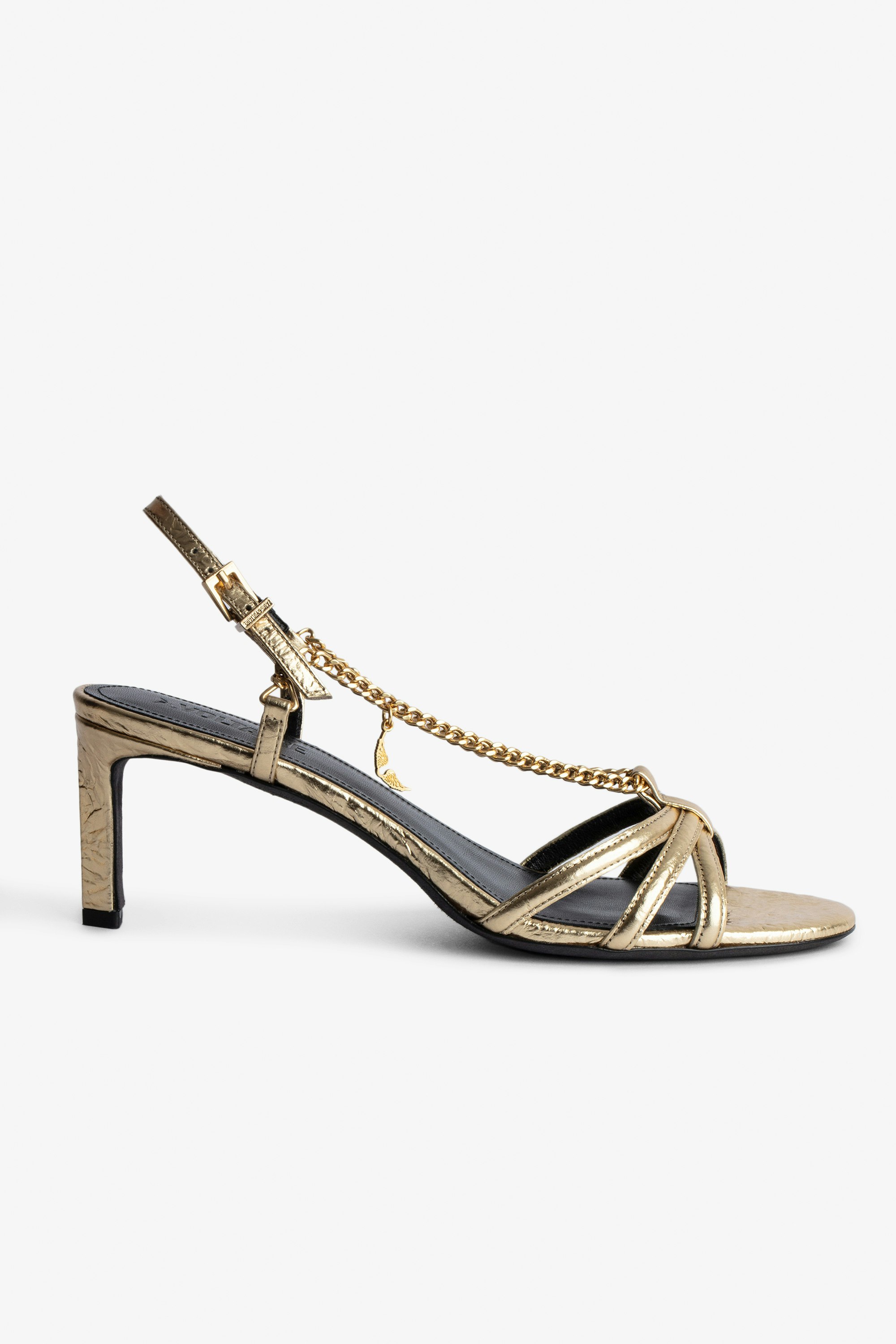 Sleepless Sandals - Women’s metallic gold crinkled leather sandals with straps and chains