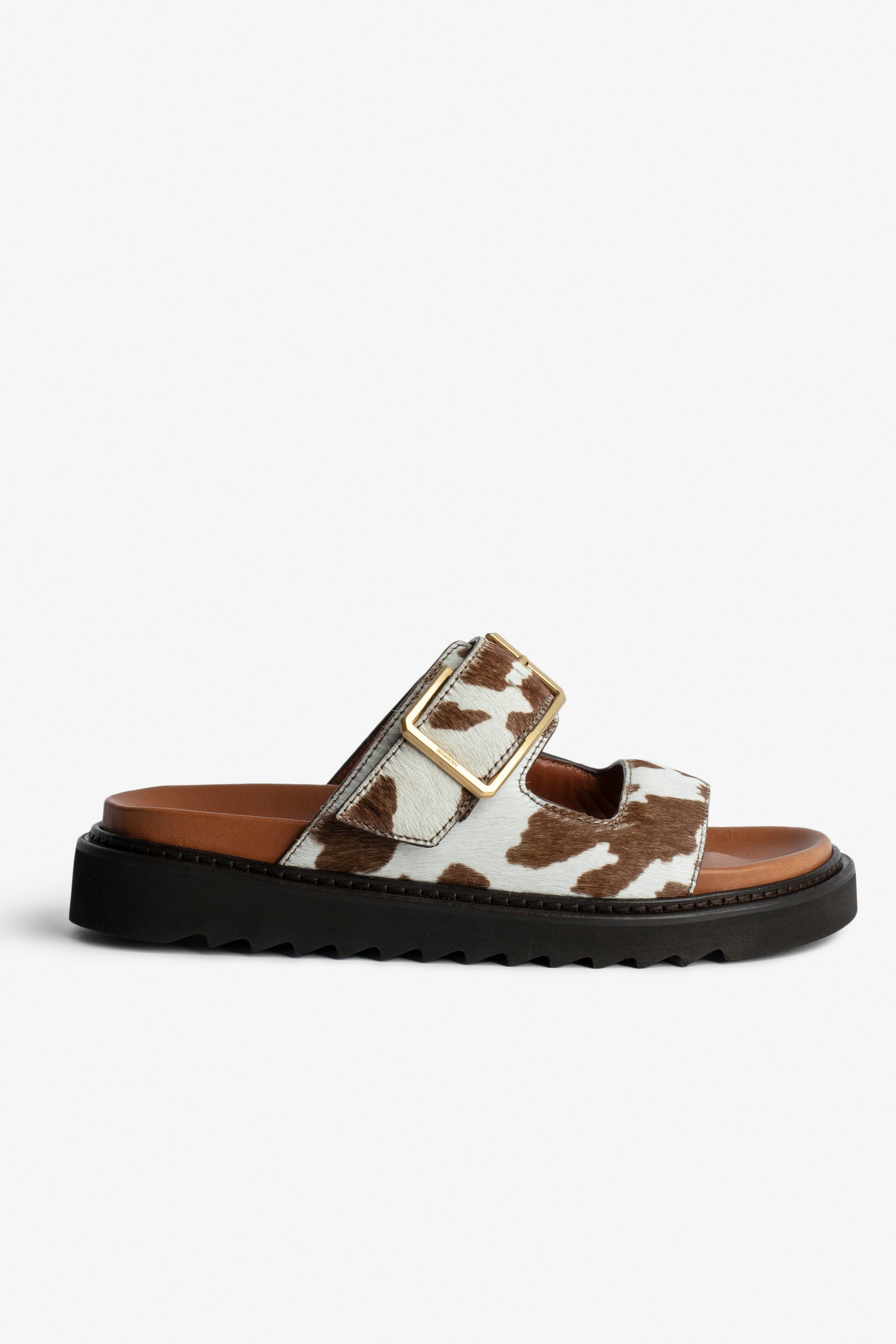 Cecilia Alpha Sandals Women's brown and white leather sandals with pony-effect strap and C-shaped buckle