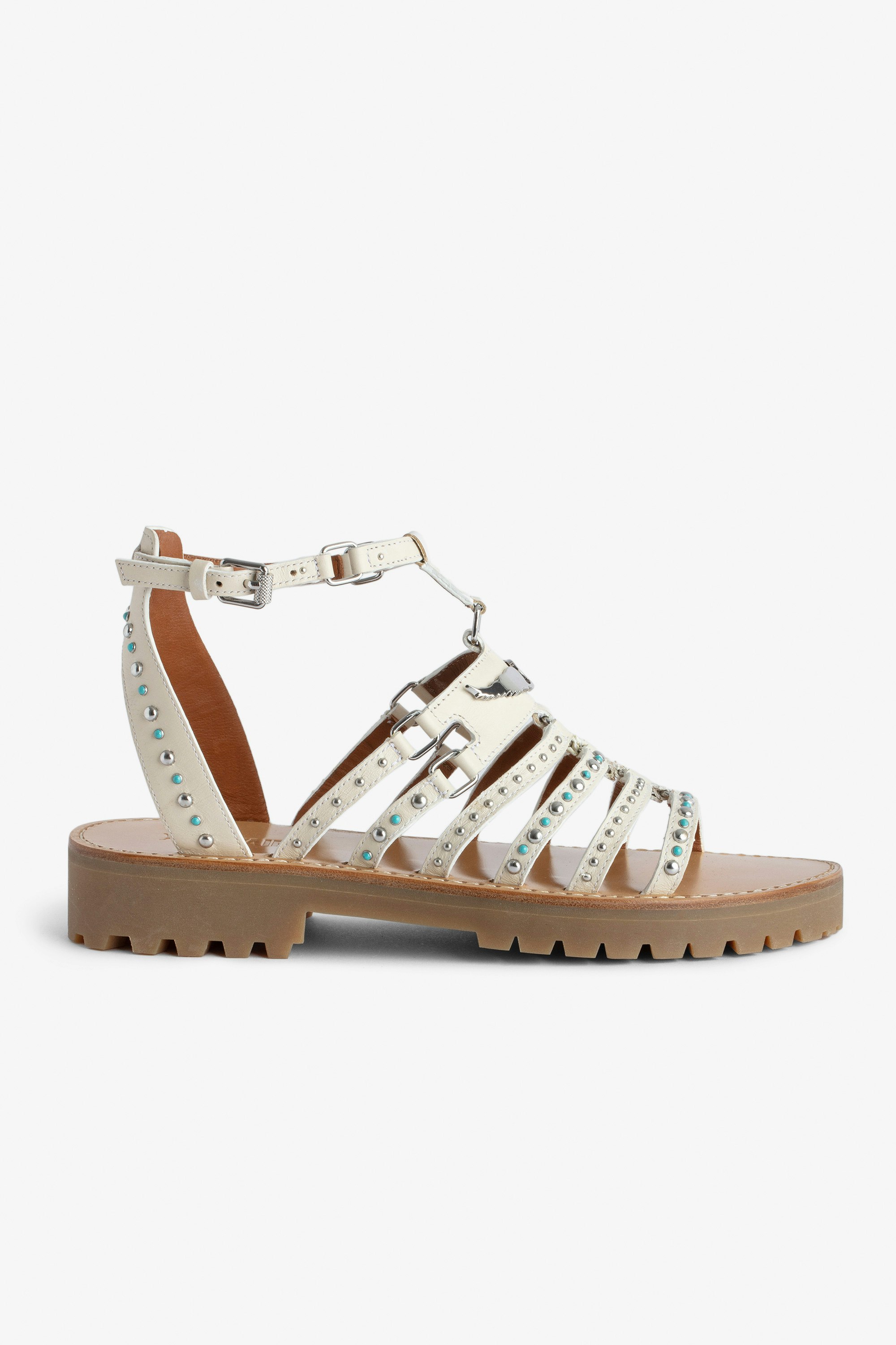 Joe Sandals - Ecru vegetable-tanned leather sandals with straps, adjustable buckle, wings charm and folk jewels.