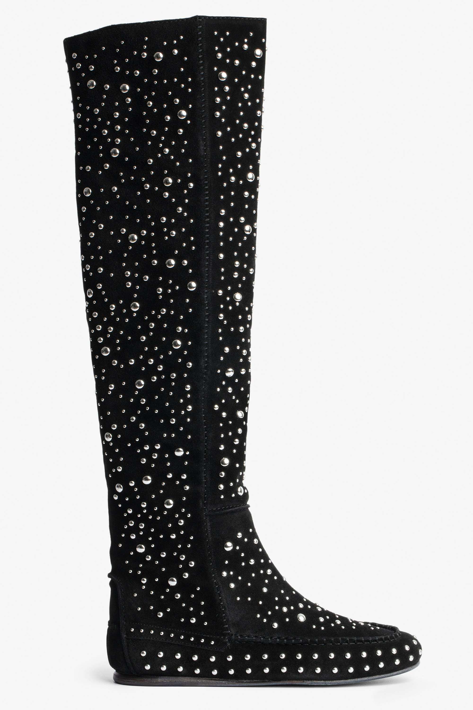 Santa Boots Women’s black suede knee-high boots with silver-tone studs and topstitching