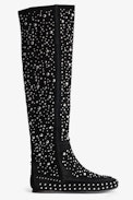 Santa Dream Studs High Boots - Women’s black suede knee-high boots with silver-tone studs and topstitching