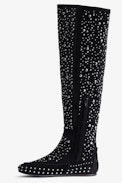 Santa Dream Studs High Boots - Women’s black suede knee-high boots with silver-tone studs and topstitching