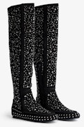 Santa Dream Studs High Boots - Women’s black suede knee-high boots with silver-tone studs and topstitching