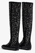 Santa Dream Studs High Boots - Women’s black suede knee-high boots with silver-tone studs and topstitching