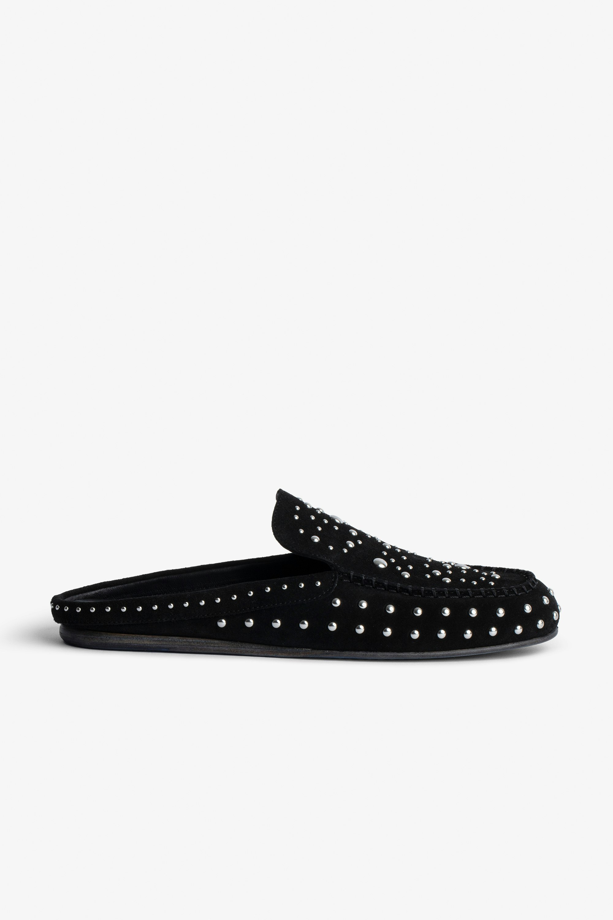 Sleeper Mules Women’s black suede mules with silver-tone studs and topstitching