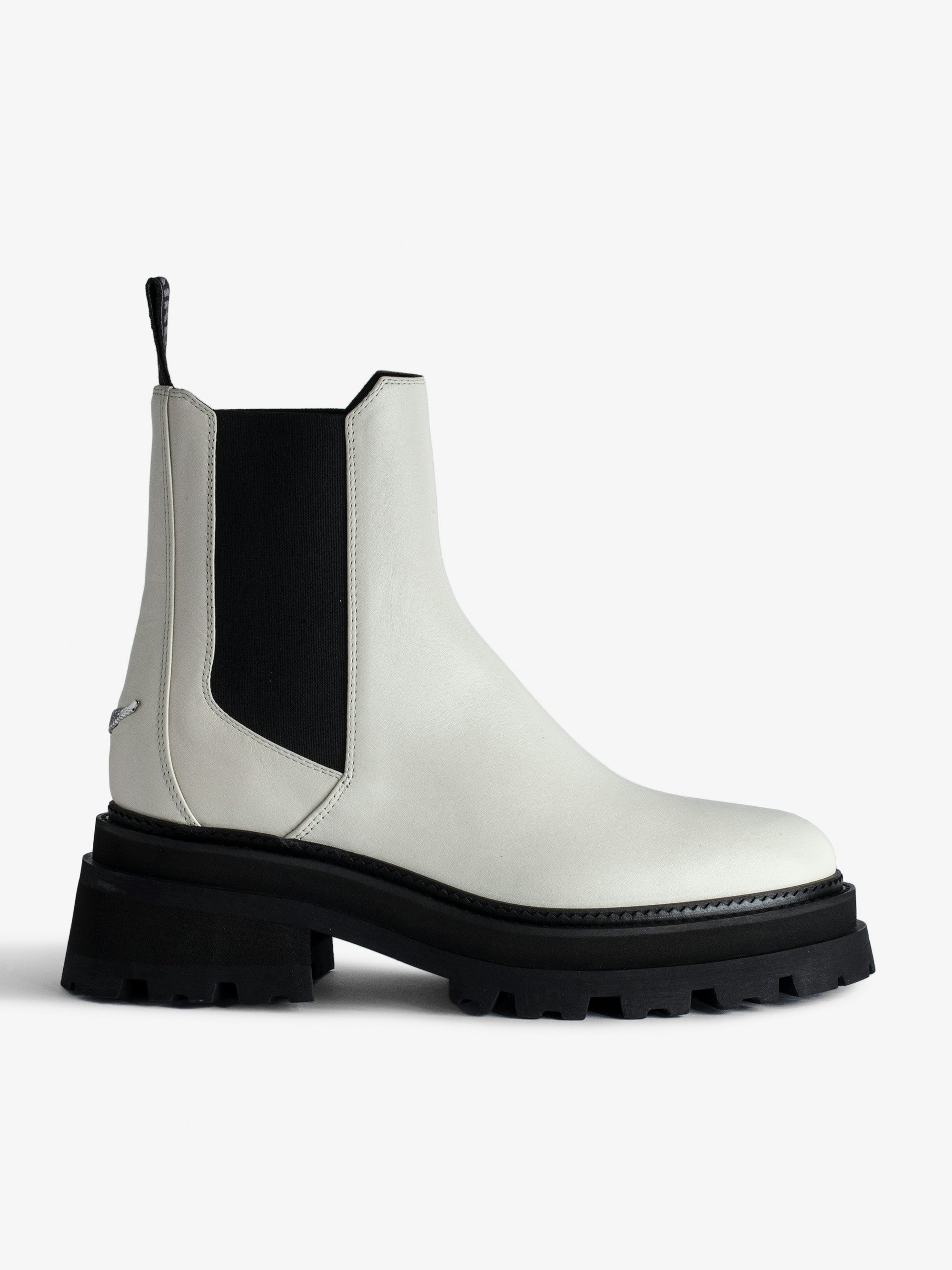 Ride Chelsea Boots - Women’s ecru semi-patent smooth leather Chelsea boots with wings charm.