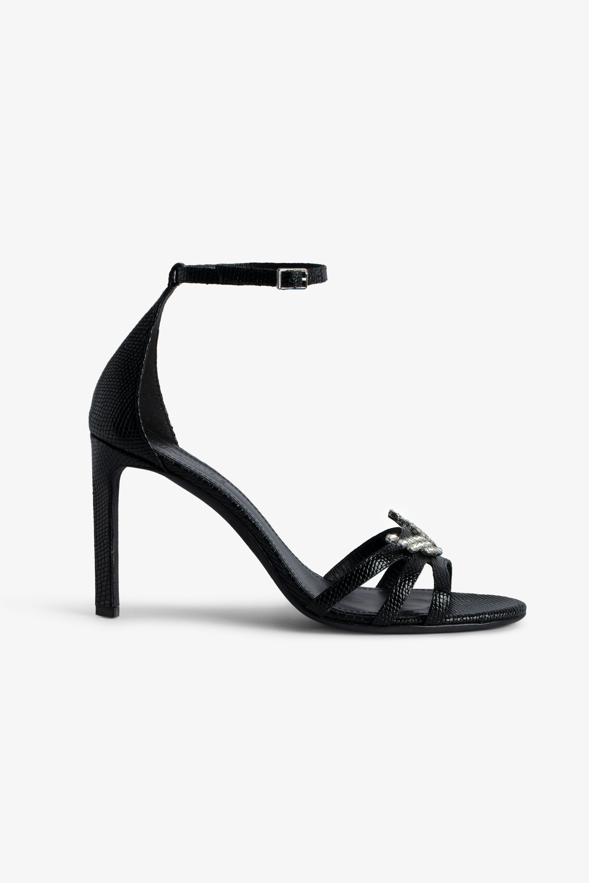 Amee Wing Court Shoes - Women’s black iguana-embossed leather court shoes with straps and diamanté wings charm.
