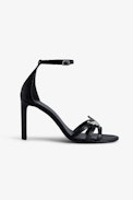 Amee Wing Court Shoes - Women’s black iguana-embossed leather court shoes with straps and diamanté wings charm.