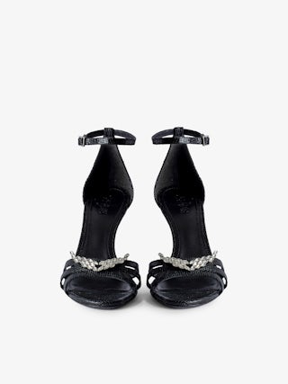 Amee Wing Court Shoes - Pumps in black embossed leather with iguana effect, straps and wing charm with rhinestones.