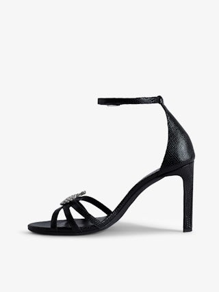 Amee Wing Court Shoes - Pumps in black embossed leather with iguana effect, straps and wing charm with rhinestones.