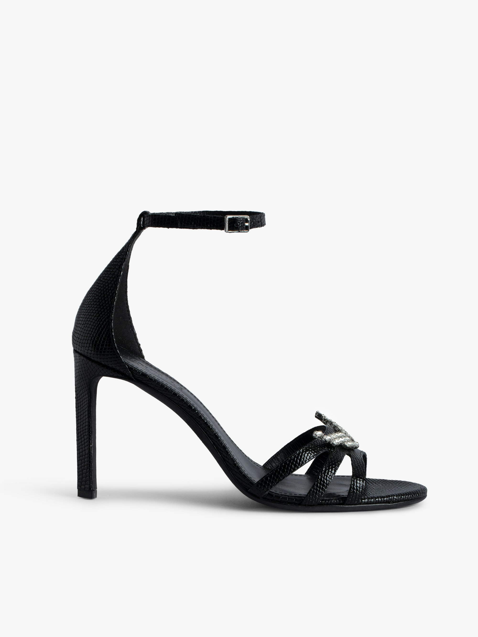 Amee Wing Court Shoes - Women’s black iguana-embossed leather court shoes with straps and diamanté wings charm.