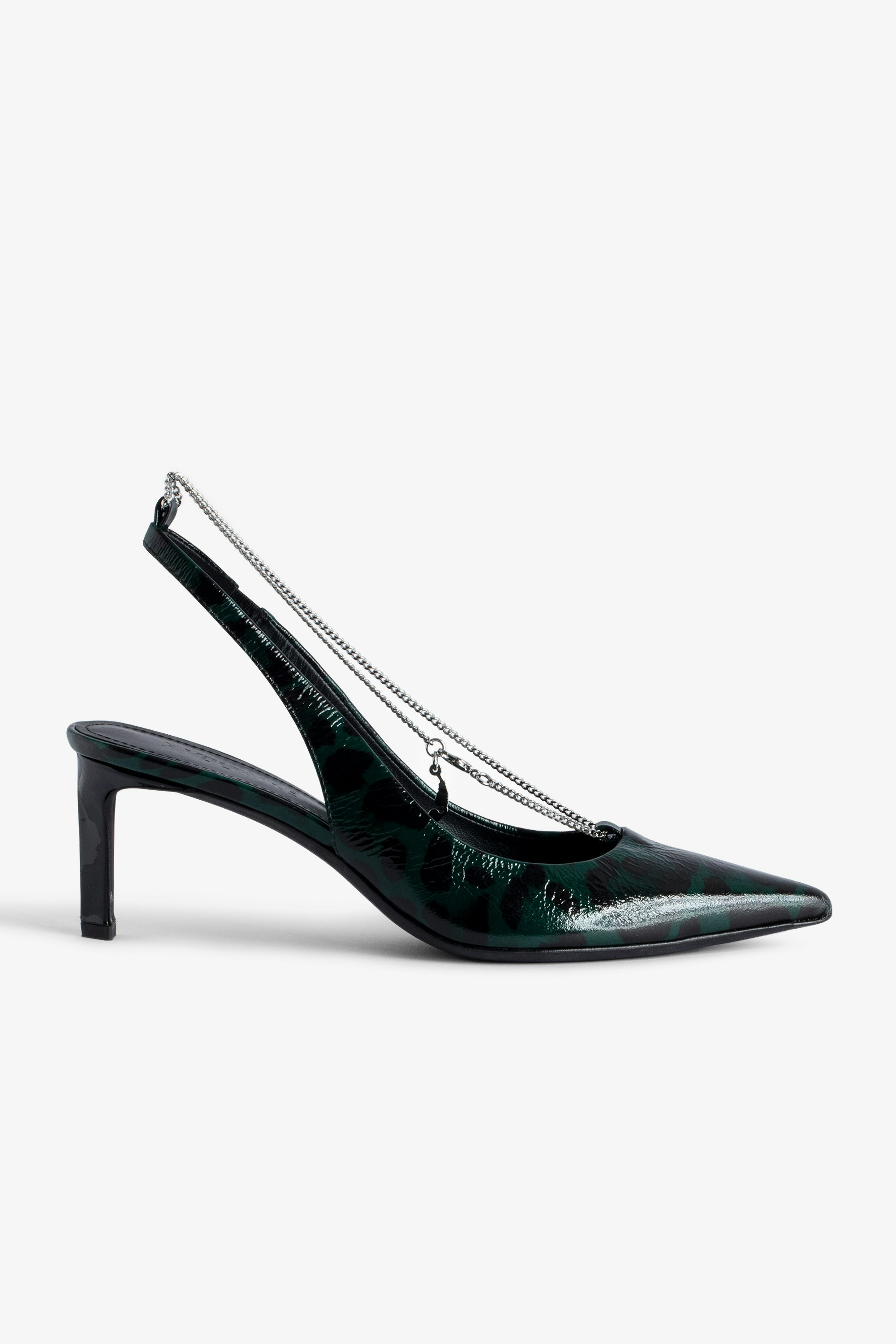First Night Court Shoes Women’s green leopard-print patent leather court shoes with chain.