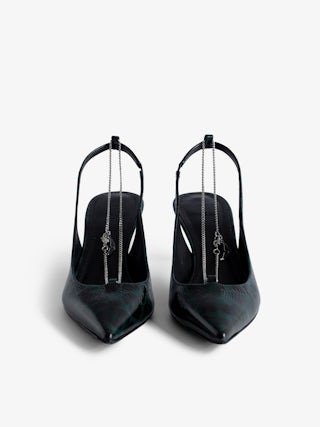 First Night Court Shoes - Patent leather pumps with leopard print and chain detail.