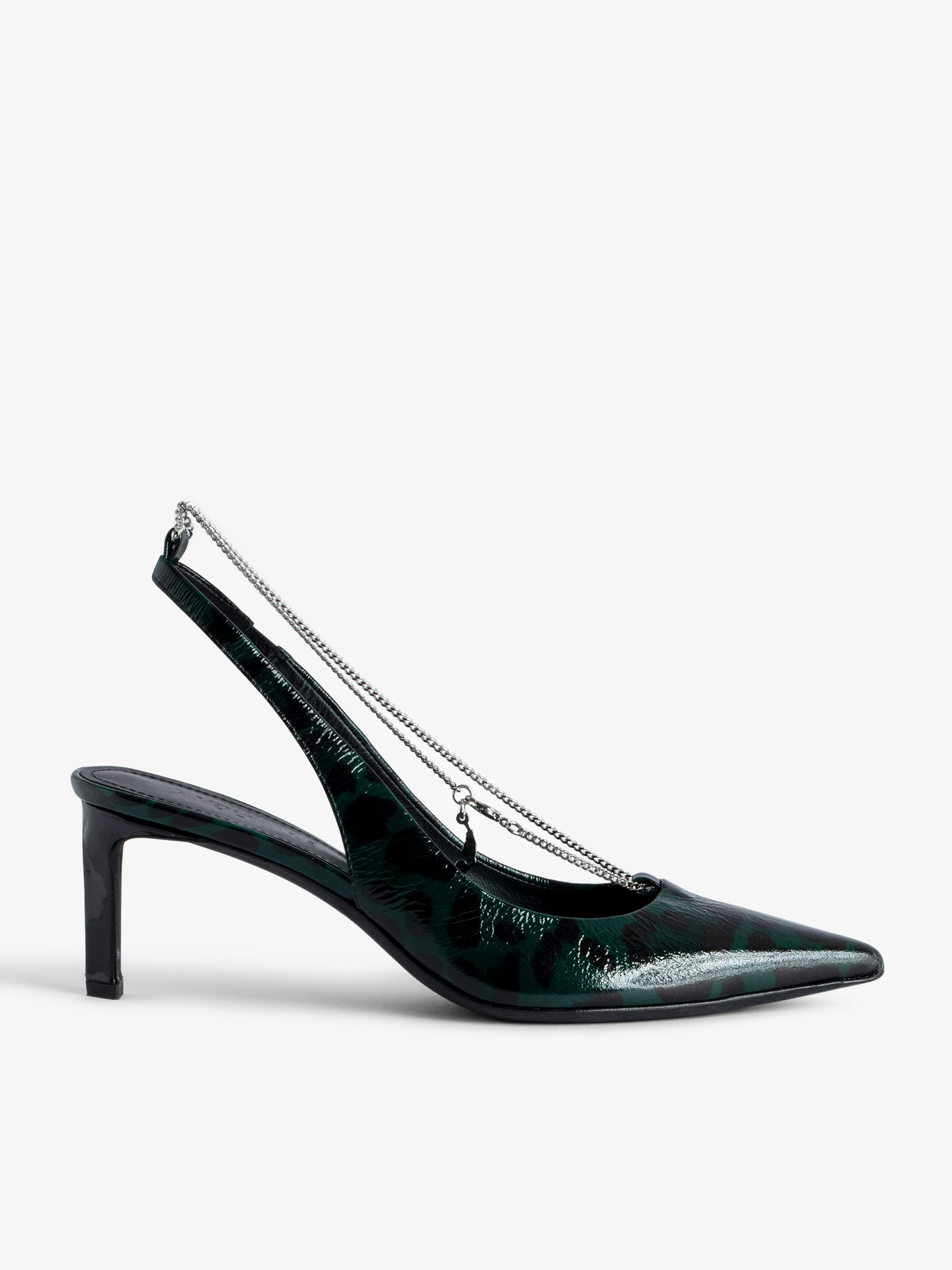 First Night Court Shoes - Women’s green leopard-print patent leather court shoes with chain.