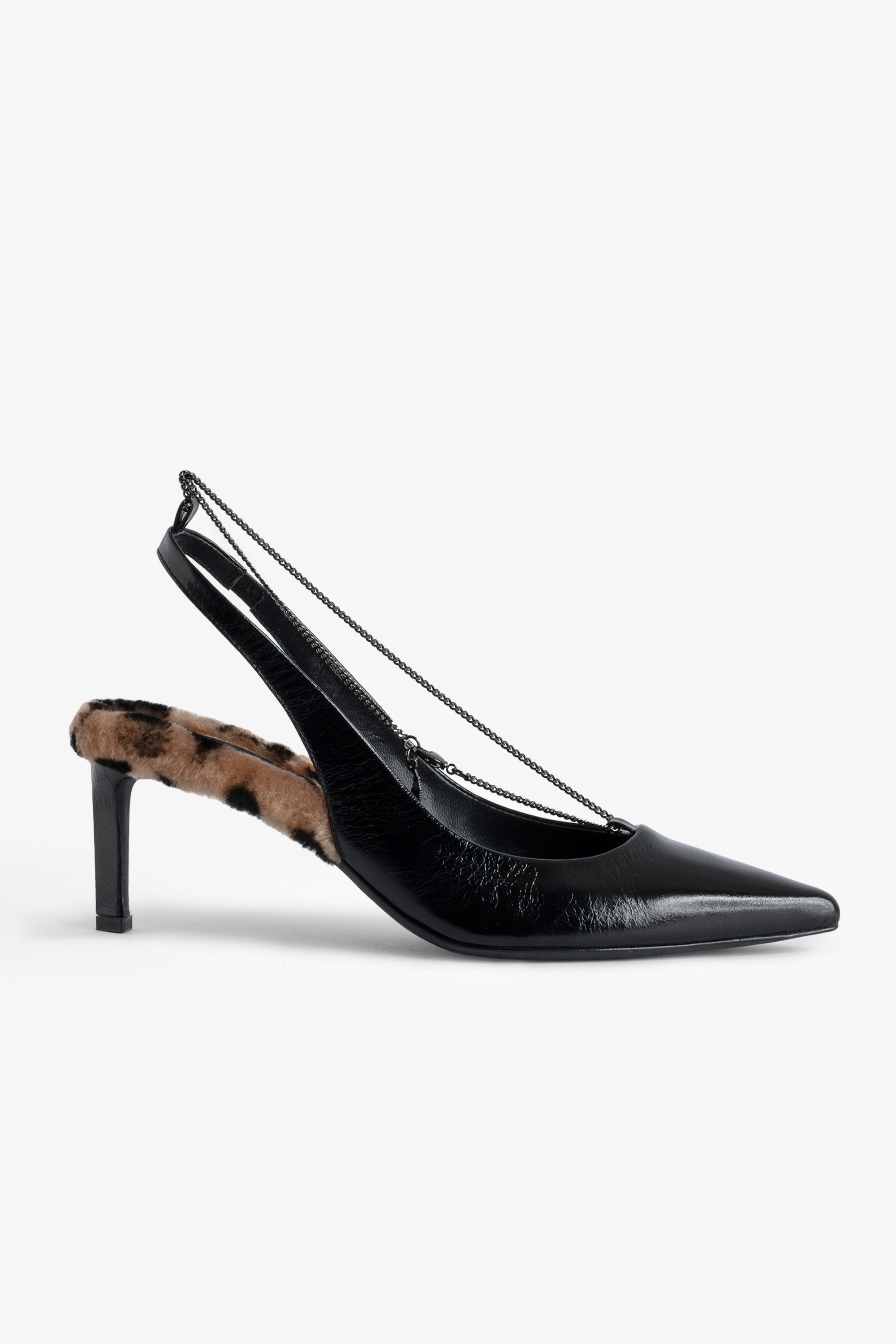 First Night Court Shoes Women’s black vintage-style leather court shoes with leopard shearling trim and chain.