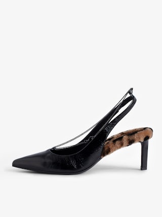 First Night Court Shoes - Vintage-effect leather pumps with leopard shearling trim and chain.