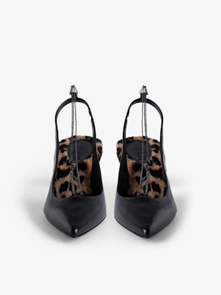 First Night Court Shoes - Vintage-effect leather pumps with leopard shearling trim and chain.