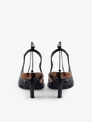 First Night Court Shoes - Vintage-effect leather pumps with leopard shearling trim and chain.