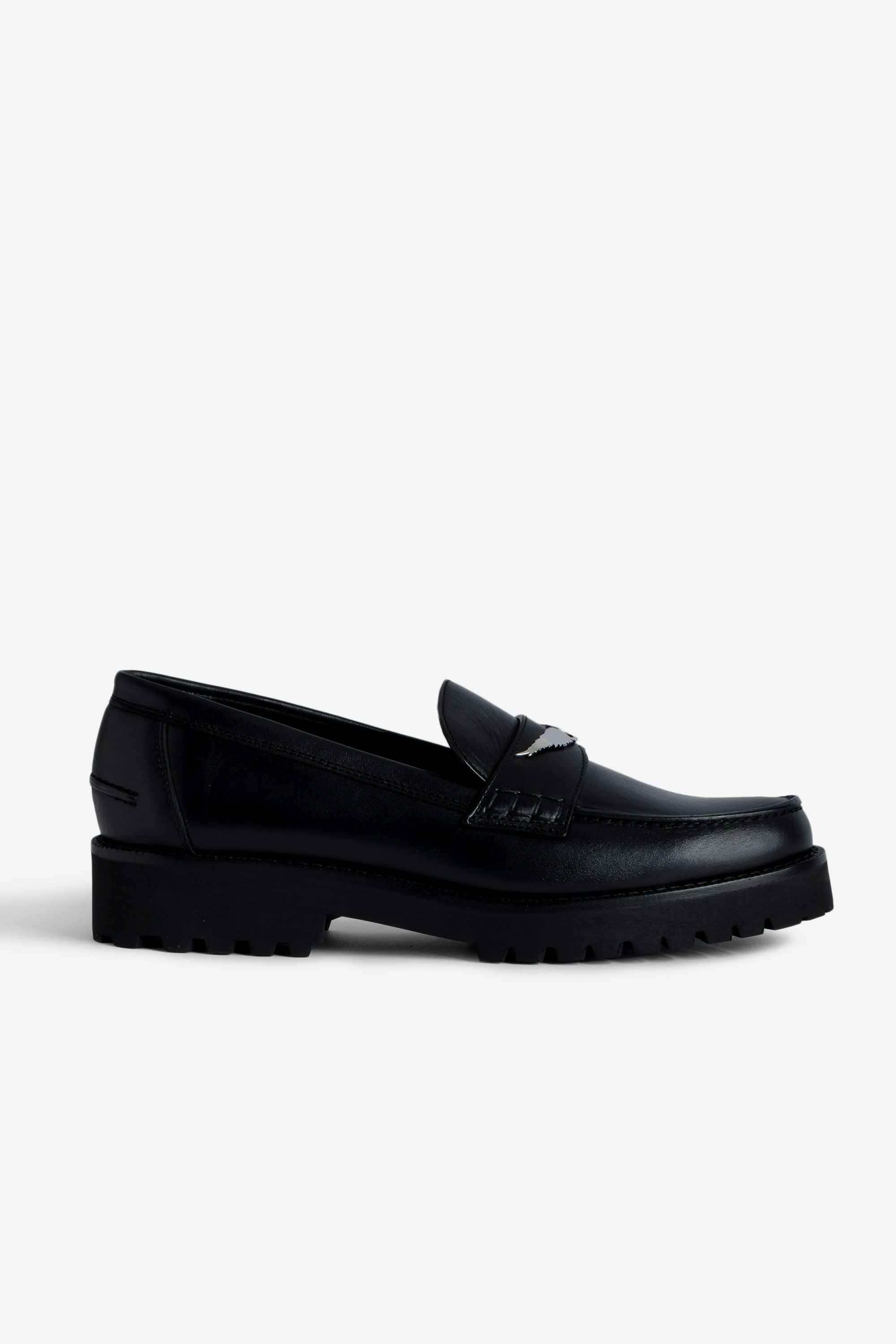 Joecassin Loafers - Women’s black semi-patent smooth leather loafers with wings charm.